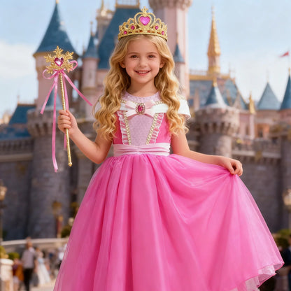 Girl Pink Dress Aurora Kids Cosplay Costume Princess Deluxe Outfit Children Birthday Party Elegant Ball Gown Fairy Disguise Sets