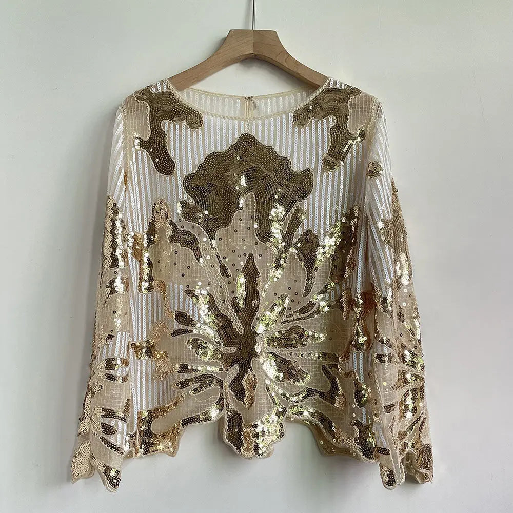 2025 Spring New Sequined Premium Outer Wear Ins Fashion Luxury Beads Long Sleeve Irregular Loose Chic T-shirt Top
