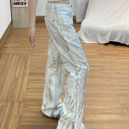 American Retro Hot Girl Tie-Dye Women's High-Waisted Bell-Bottom Pants Slim Ripped New Autumn And Winter Washed Casual Trousers