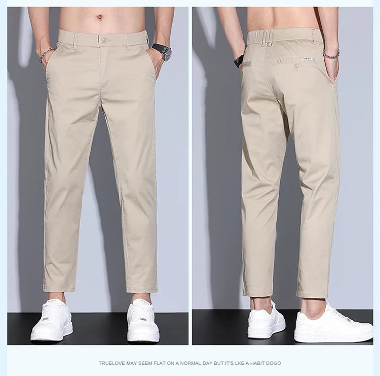 High Quality Summer Men's White Ankle Length Casual Pants 97%Cotton Breathable Straight Business Slim Work Chino Trousers Man