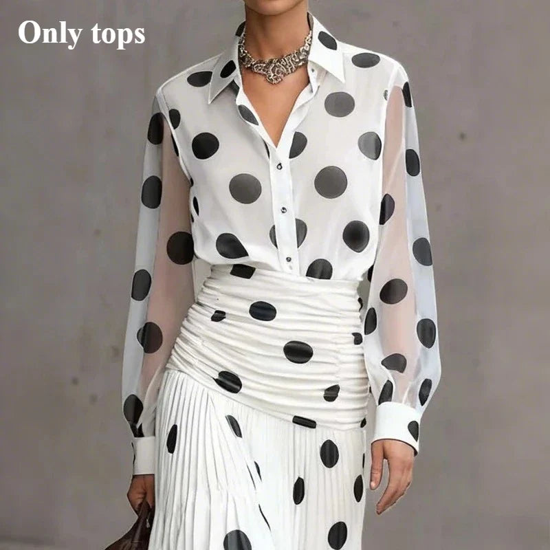 Modigirl Women's Vintage Polka Dot Chiffon Shirt 2026 Semi Sheer Sleeves Slimming Versatile for Daily Office Early Autumn Wear