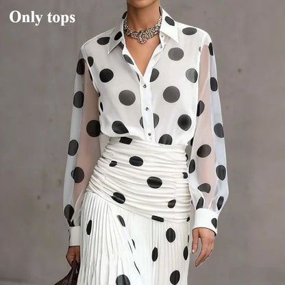 Modigirl Women's Vintage Polka Dot Chiffon Shirt 2026 Semi Sheer Sleeves Slimming Versatile for Daily Office Early Autumn Wear