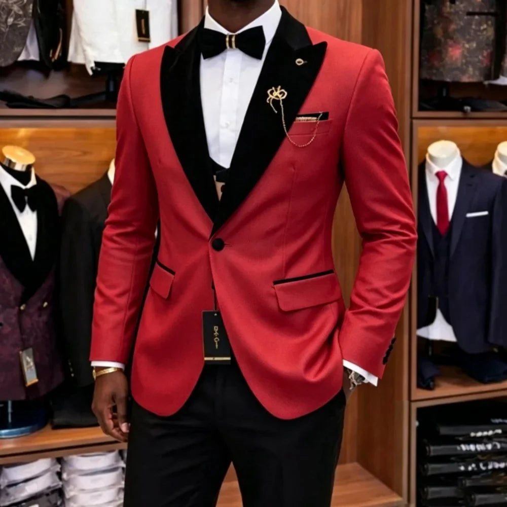 Slim Fit Luxury Three Pieces Men Suit Set Separates Custom Groom Tuxedo With Black Velvet Lapel For Wedding Party ropa hombre