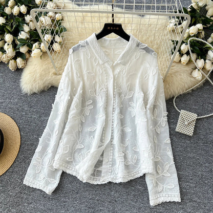 2025 Spring Gentle Women Blouse Leaves Embroidery Single Breasted Long Sleeves Summer Thin Streetwear Casual Shirt