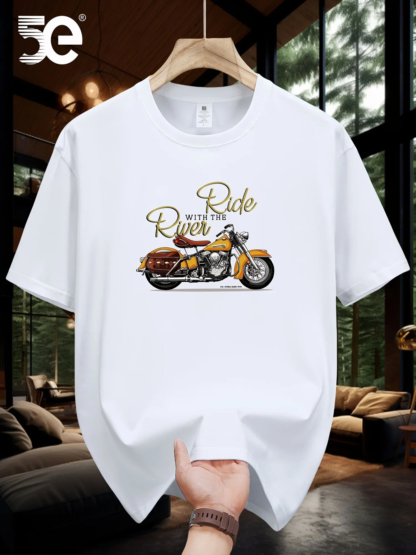 Summer men's 100% pure cotton casual loose oversized classic motorcycle creative printed round neck short sleeved T-shirt top