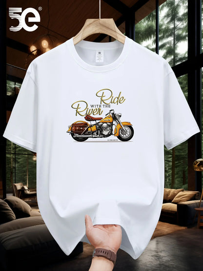 Summer men's 100% pure cotton casual loose oversized classic motorcycle creative printed round neck short sleeved T-shirt top