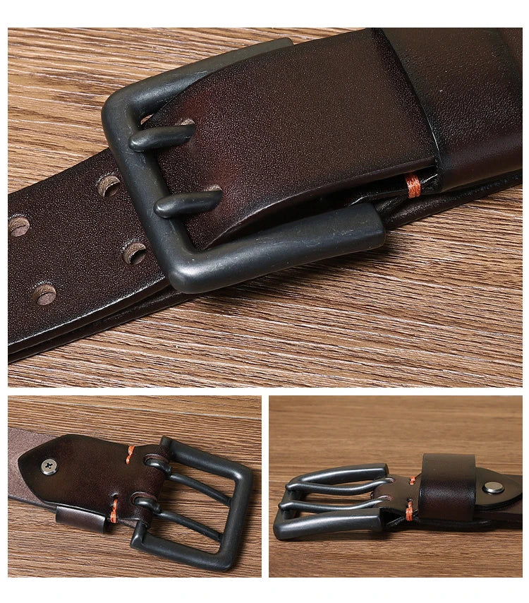 105-125cm Men's Retro Genuine Cowskin Belt Double Pin Buckle Waistband Business Luxury Belts Leather Craft Accessories