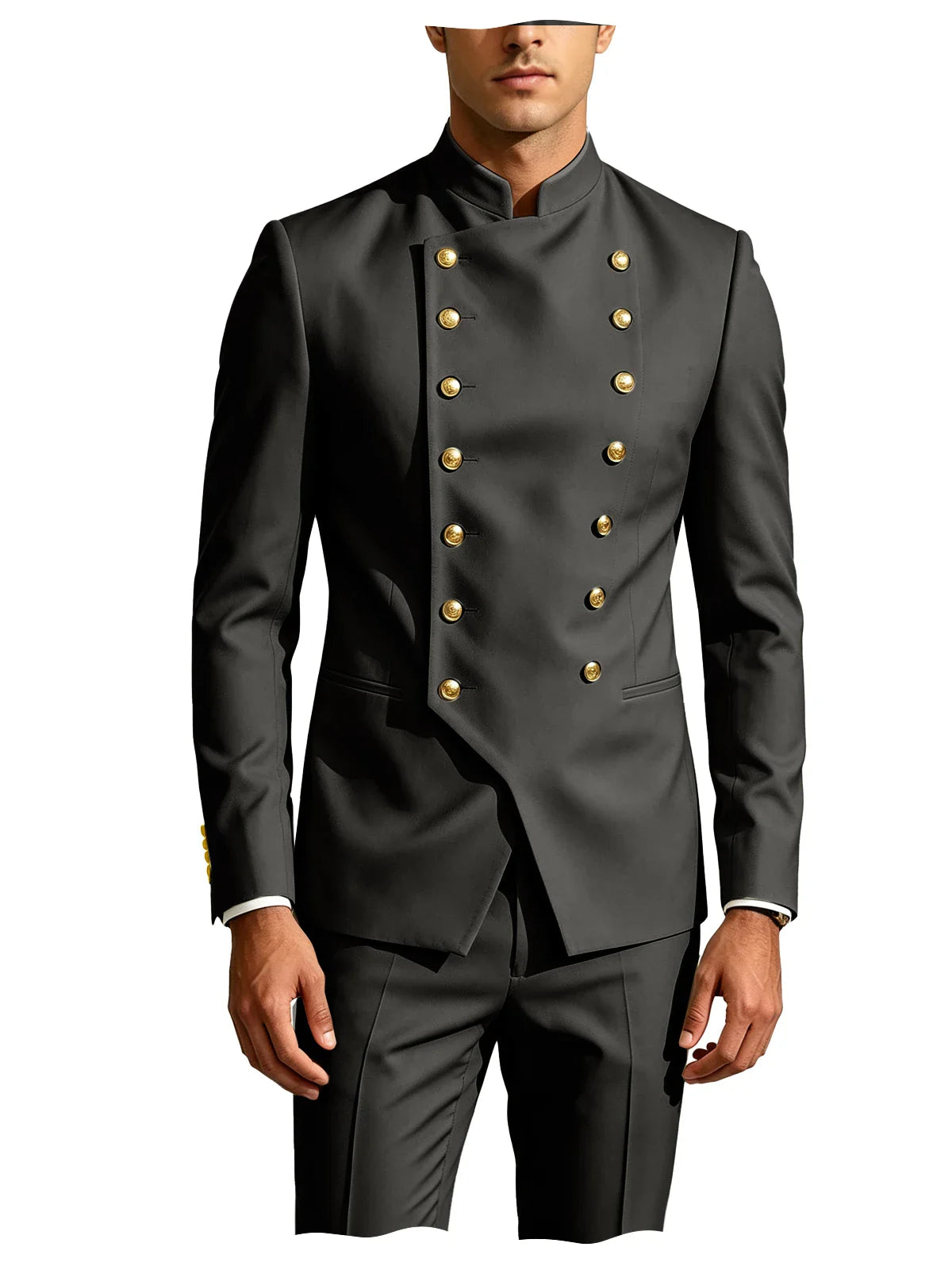 Men's Double Breasted Stand Collor Suit 2 Pieces Blazer Pants Set Slim Fit Business Casual Suit Jacket Formal Wedding Tuxedo