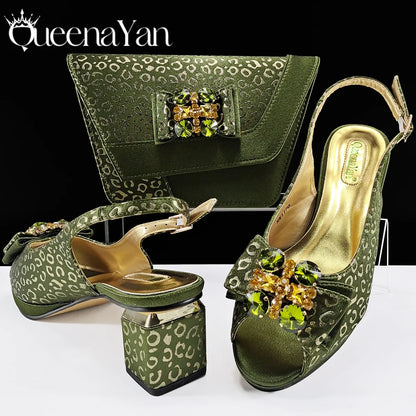 Queena Yan  2025 Shiny Italian Fashion Pointed Toe Women Heel Fashion Rhinestone Decoration Pink Color Shoes And Bag Set