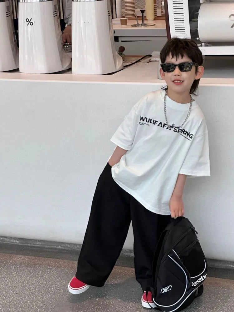 Red Cotton T-Shirt for Tween Boys Girls Loose Fitting Trendy Unisex Summer Top with Embroidered Letters Youthful Casual Wear