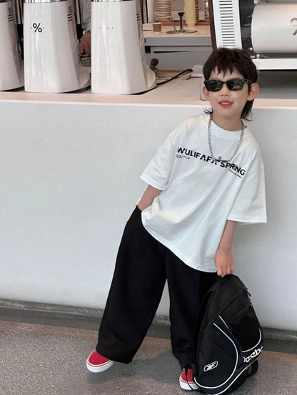 Red Cotton T-Shirt for Tween Boys Girls Loose Fitting Trendy Unisex Summer Top with Embroidered Letters Youthful Casual Wear