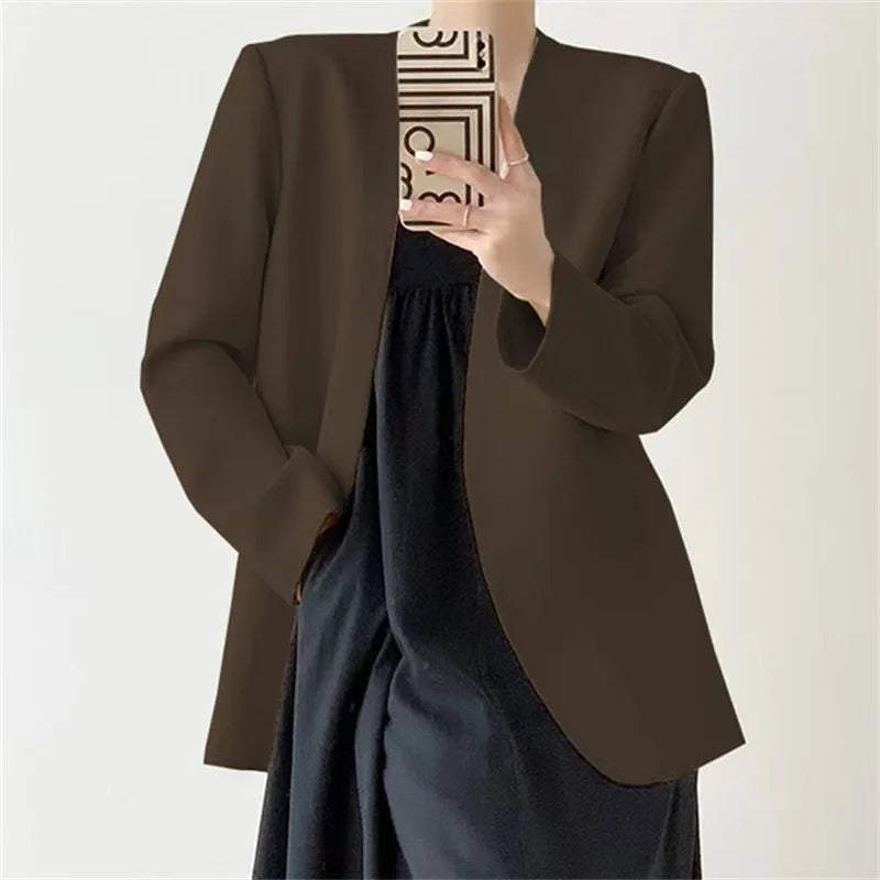 British Style Solid Color Suit Jackets Women 2025 Loose Buttonless Long Sleeve Blazers Woman Office V-Neck Suit Coats Lady