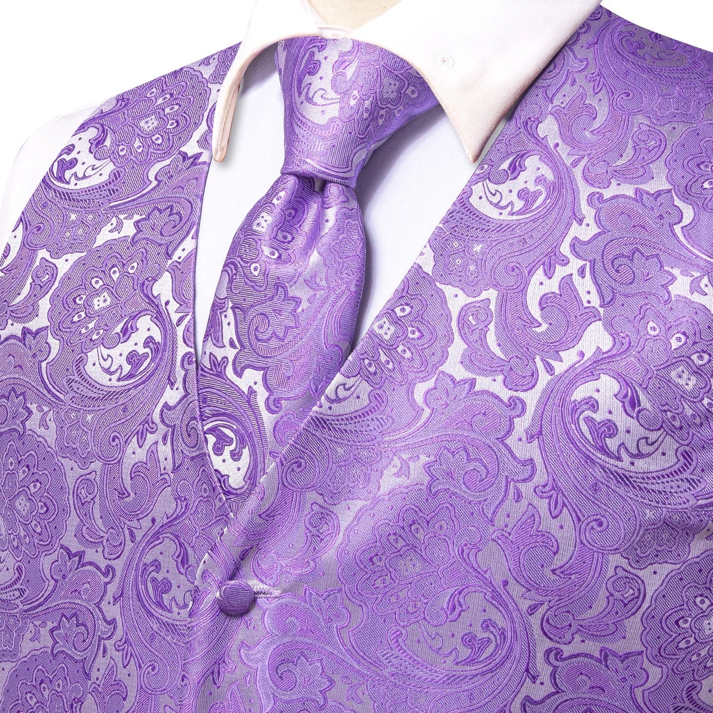 Elegant Purple Silk Mens Vests Tie Fashion Paisley Jacquard Sleeveless Jacket 4PC Hanky Cufflink Paisley Suit Waistcoats Wedding