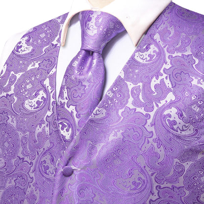 Elegant Purple Silk Mens Vests Tie Fashion Paisley Jacquard Sleeveless Jacket 4PC Hanky Cufflink Paisley Suit Waistcoats Wedding