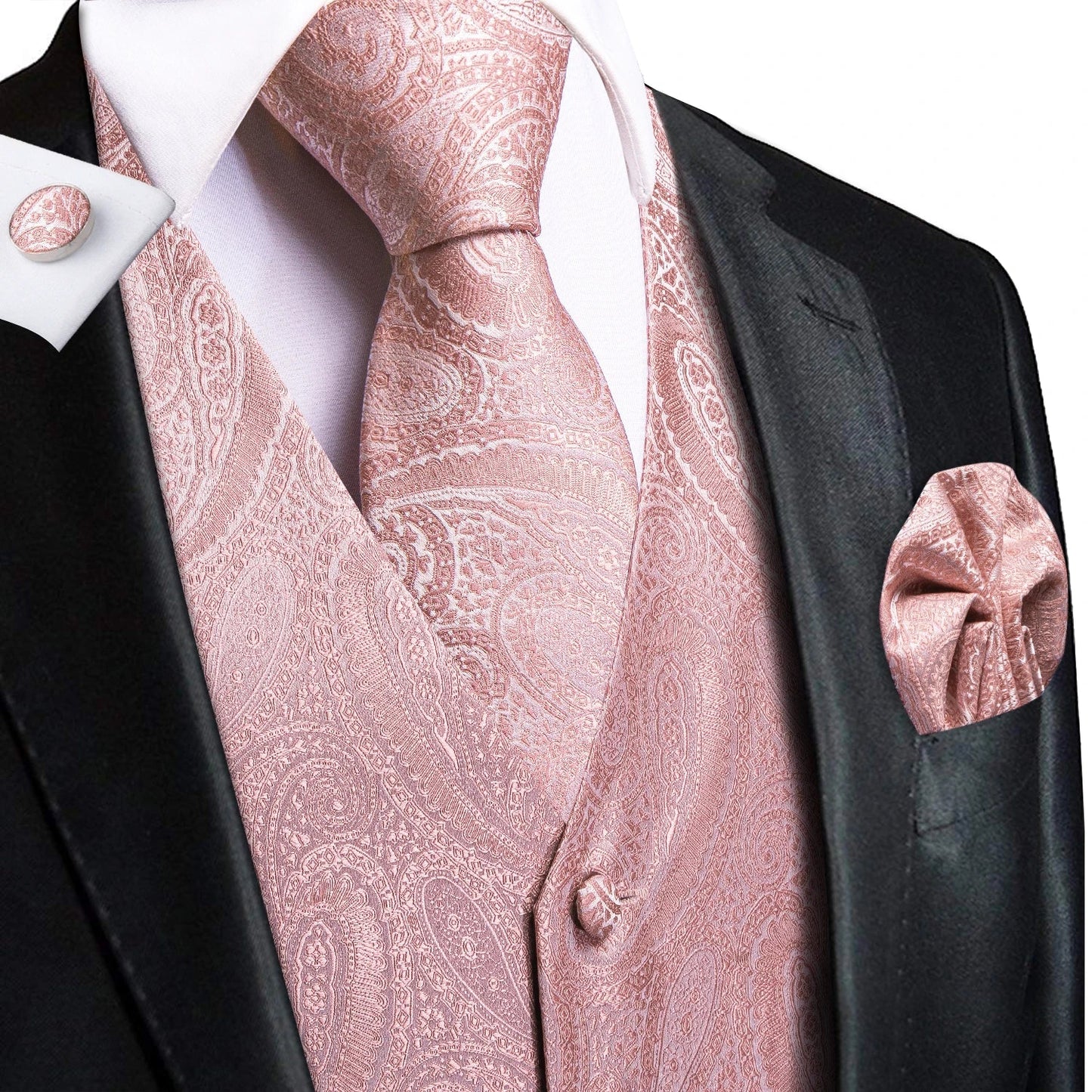 Wedding Coral Pink Mens Vest Silk Tie Set Adjustable Jacquard Waistcoat Jacket Necktie Hanky Cufflinks Formal Party Gifts