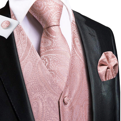 Wedding Coral Pink Mens Vest Silk Tie Set Adjustable Jacquard Waistcoat Jacket Necktie Hanky Cufflinks Formal Party Gifts
