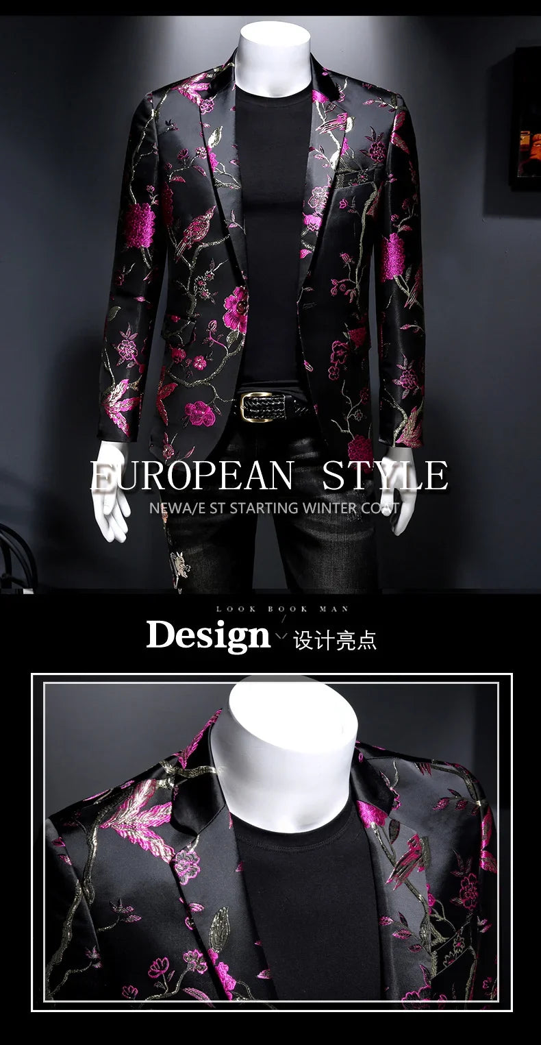 New Vintage Luxurious Jacquard Floral Suit Jacket Men Wedding Banquet Club Party Dress Singers Tuxedo Slim Fit Blazers Hommes