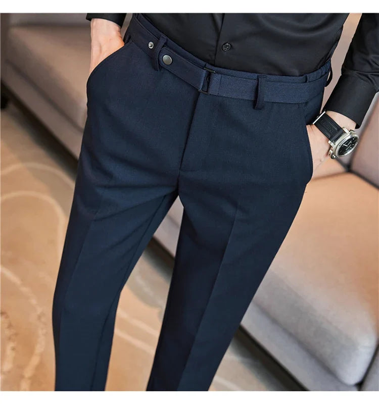 Fashion Belt Decoration Design Men's Suit Pants High Quality Business Slim Fit Casual Straight Formal Wedding Party Trousers