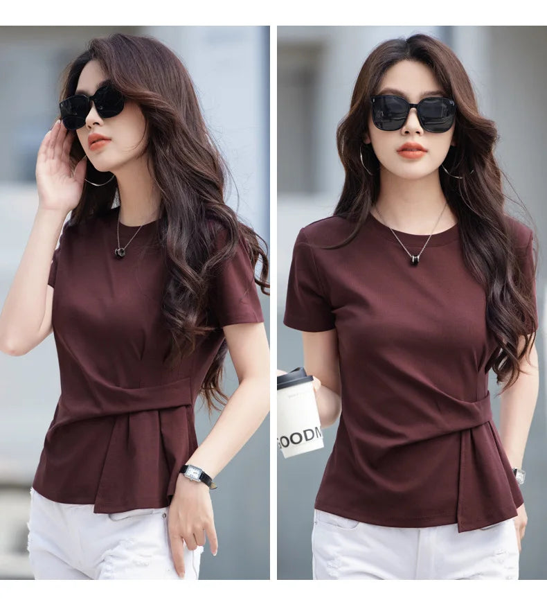 Women's summer new cotton irregular top short sleeved round neck casual women's short sleeved top T-shirt