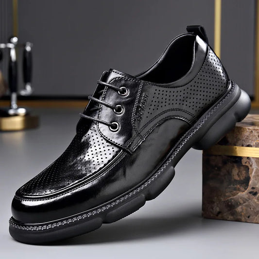 Summer Hallow Cow Leather Shoes for Men Fashion Casual Black New Designer Dress Shoes Male Lace Breathable Platform Shoes Man