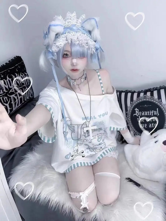Japanese Harajuku Sweet Graphic T Shirts Women Cat Print Summer Off shoulder Top Short-sleeve Oversize Tees Loose Casual T shirt