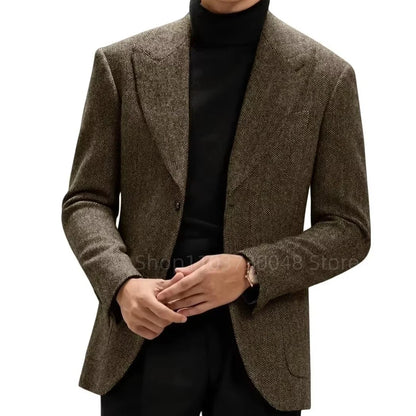 Men's Brown Herringbone Tweed Blazer Single Breasted Two Buttons Prom Tuxedo Business Wedding Jacket Wool Suit Coat