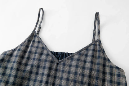 Stylish Retro Checkered Strappy Fitted Top for Women 2025 Summer New Arrival Tanks Camis V-neck suspenders 25FS12853