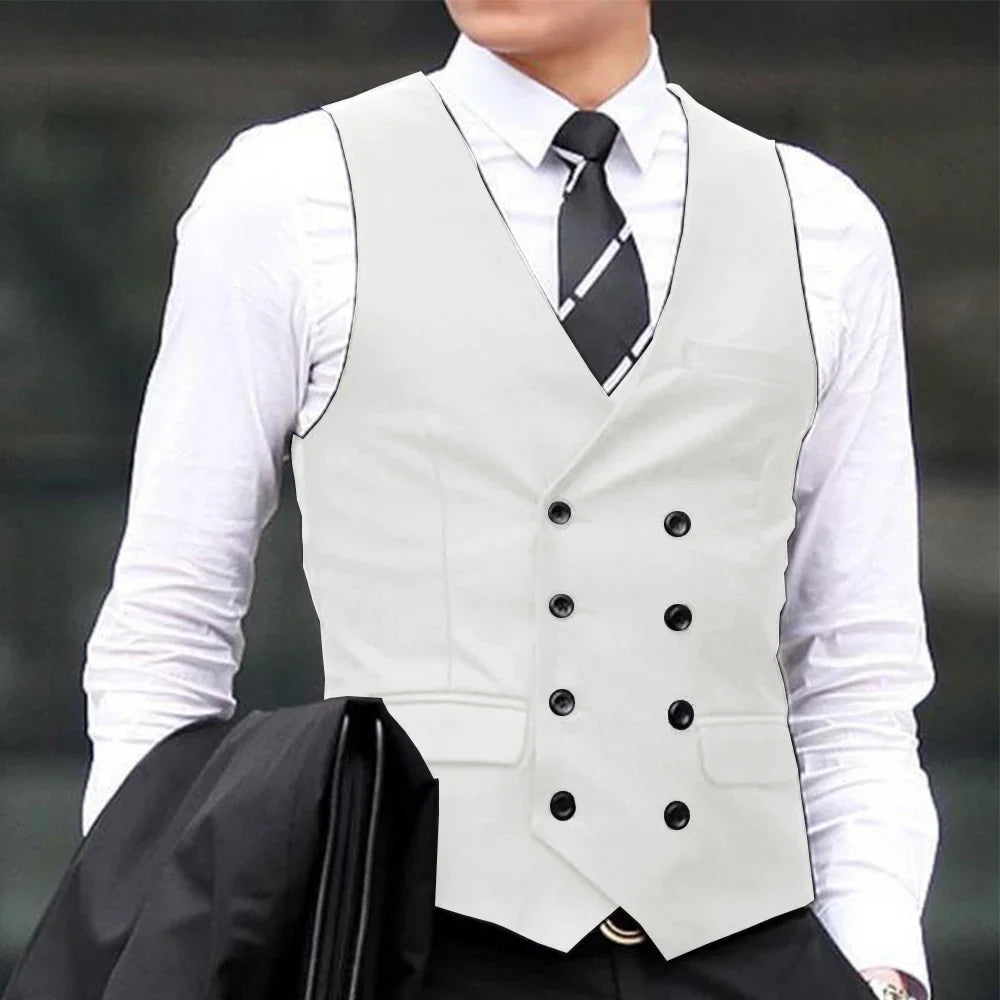 Men Vest Black Solid Double Breasted Waistcoat For Wedding Business Casual Banquet Formal Occasions Work Men Suit Vest