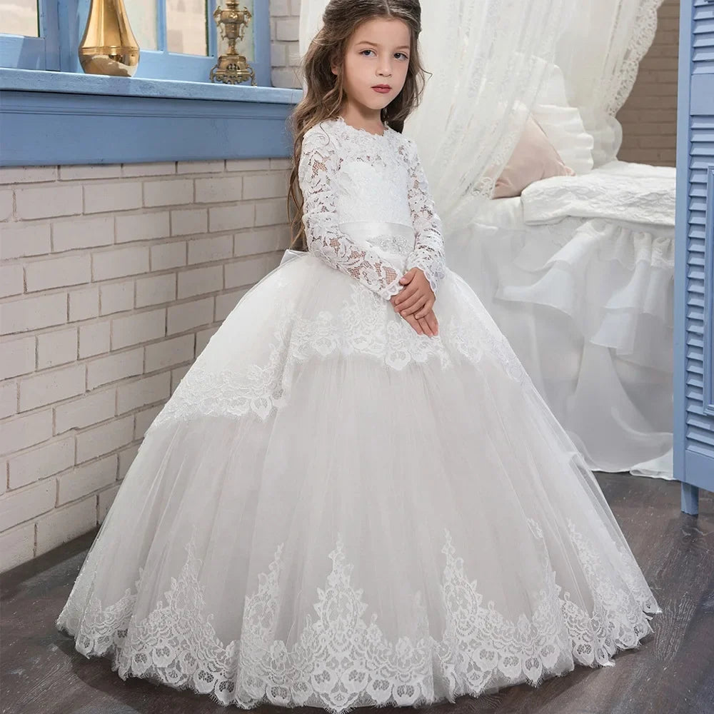 Sweet Lace Flower Girls Dresses Long Sleeves O Neck Formal Dress For Little Girls Wedding Guest Gown Birthday Party Dresses