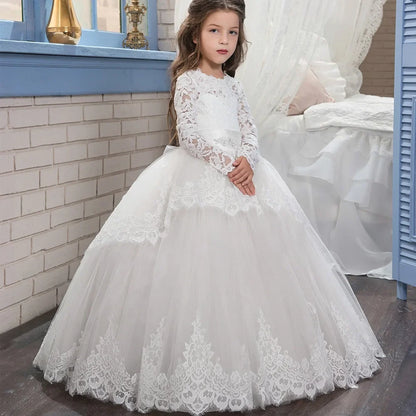 Sweet Lace Flower Girls Dresses Long Sleeves O Neck Formal Dress For Little Girls Wedding Guest Gown Birthday Party Dresses