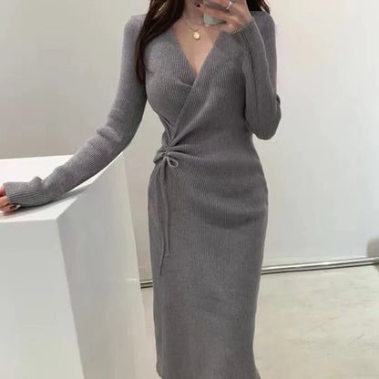 Chic V-ne Knitted Wrap Waist Slimming Mid-length A-line Dr Women's Sweater Dr Korean Sle High Waist Long Sve
