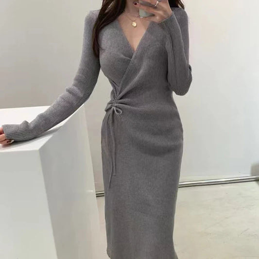 Chic V-ne Knitted Wrap Waist Slimming Mid-length A-line Dr Women's Sweater Dr Korean Sle High Waist Long Sve