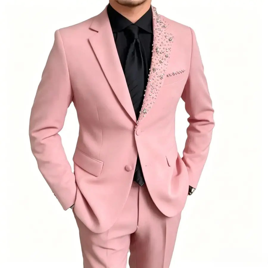 Luxury Formal Wedding Tuxedo with Beads Details 2 Pieces Slim Fit Men Suits for Groom Prom Party Blazer Jacket Pants Set Outfit