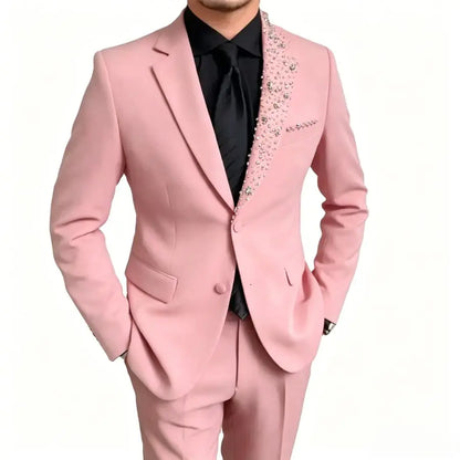 Luxury Formal Wedding Tuxedo with Beads Details 2 Pieces Slim Fit Men Suits for Groom Prom Party Blazer Jacket Pants Set Outfit