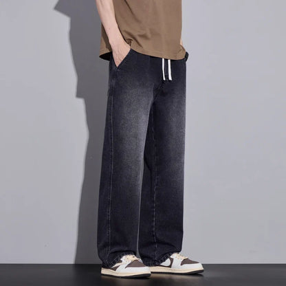 Men's Clothing Wide-leg Pants Baggy Jeans Streetwear Straight Fashion Denim Trousers Y2k Vintage Washed Elastic Waist Man Pants