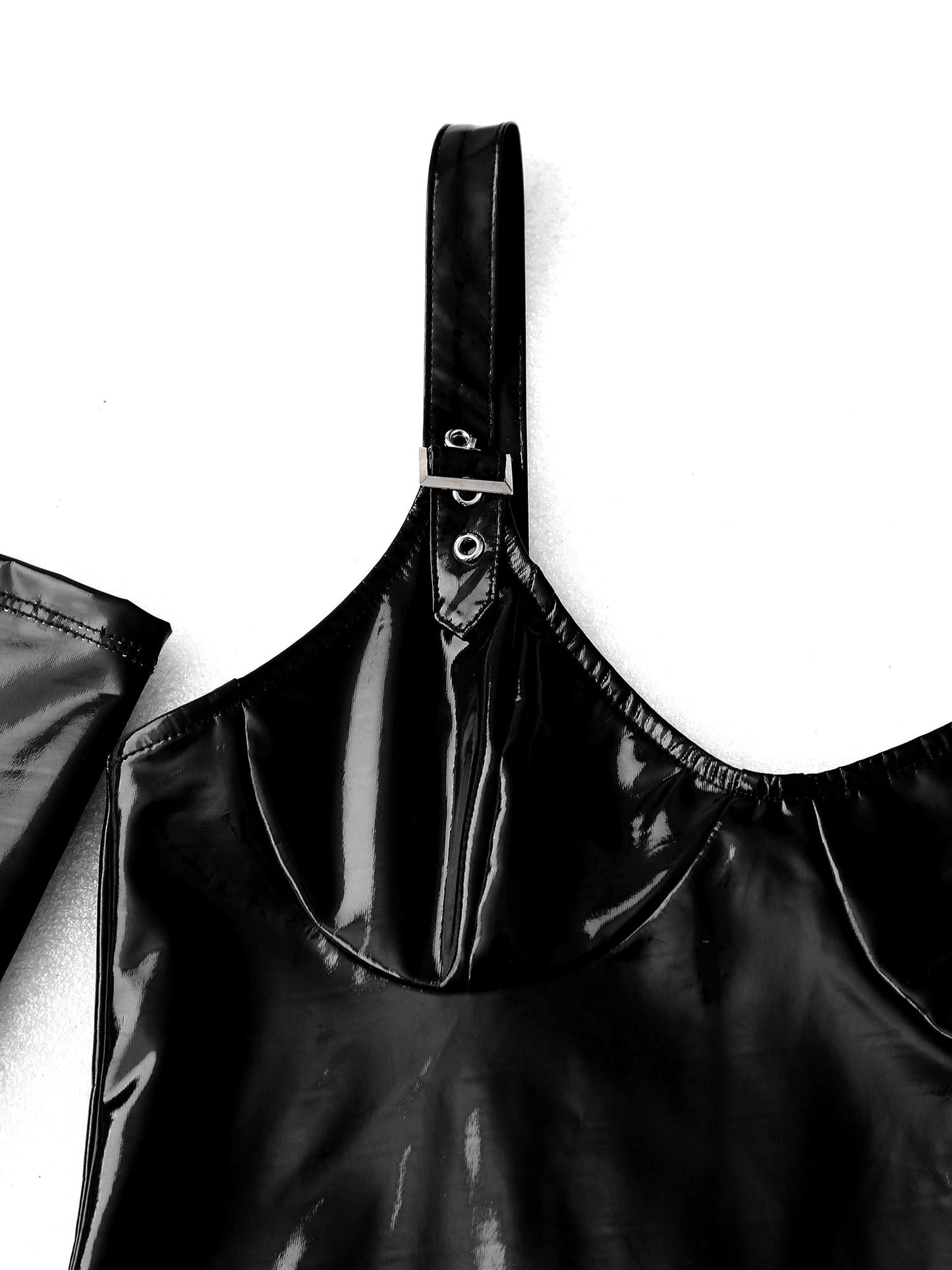 Womens Shiny Metallic PVC Leather V-Neck Mini Dress Chemise Wet Look Night Club Bodycon Babydoll Clubwear with Garter Belt
