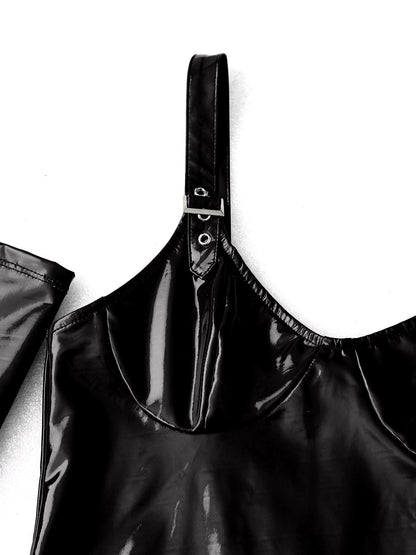 Womens Shiny Metallic PVC Leather V-Neck Mini Dress Chemise Wet Look Night Club Bodycon Babydoll Clubwear with Garter Belt