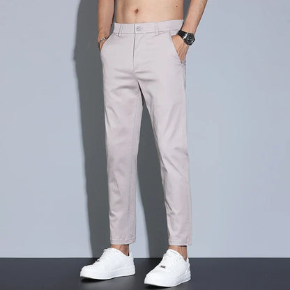 High Quality Summer Men's White Ankle Length Casual Pants 97%Cotton Breathable Straight Business Slim Work Chino Trousers Man