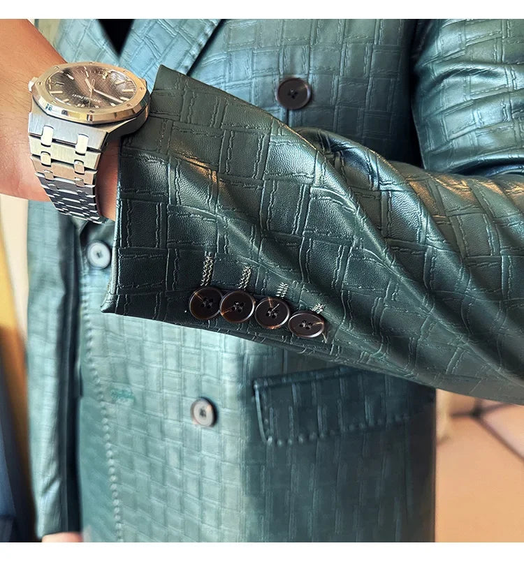 High Quality Square Grid Double Breasted Leather Jacket Fashion Business Slim Fit Casual Men Suit Blazer Tuxedos Men Clothing