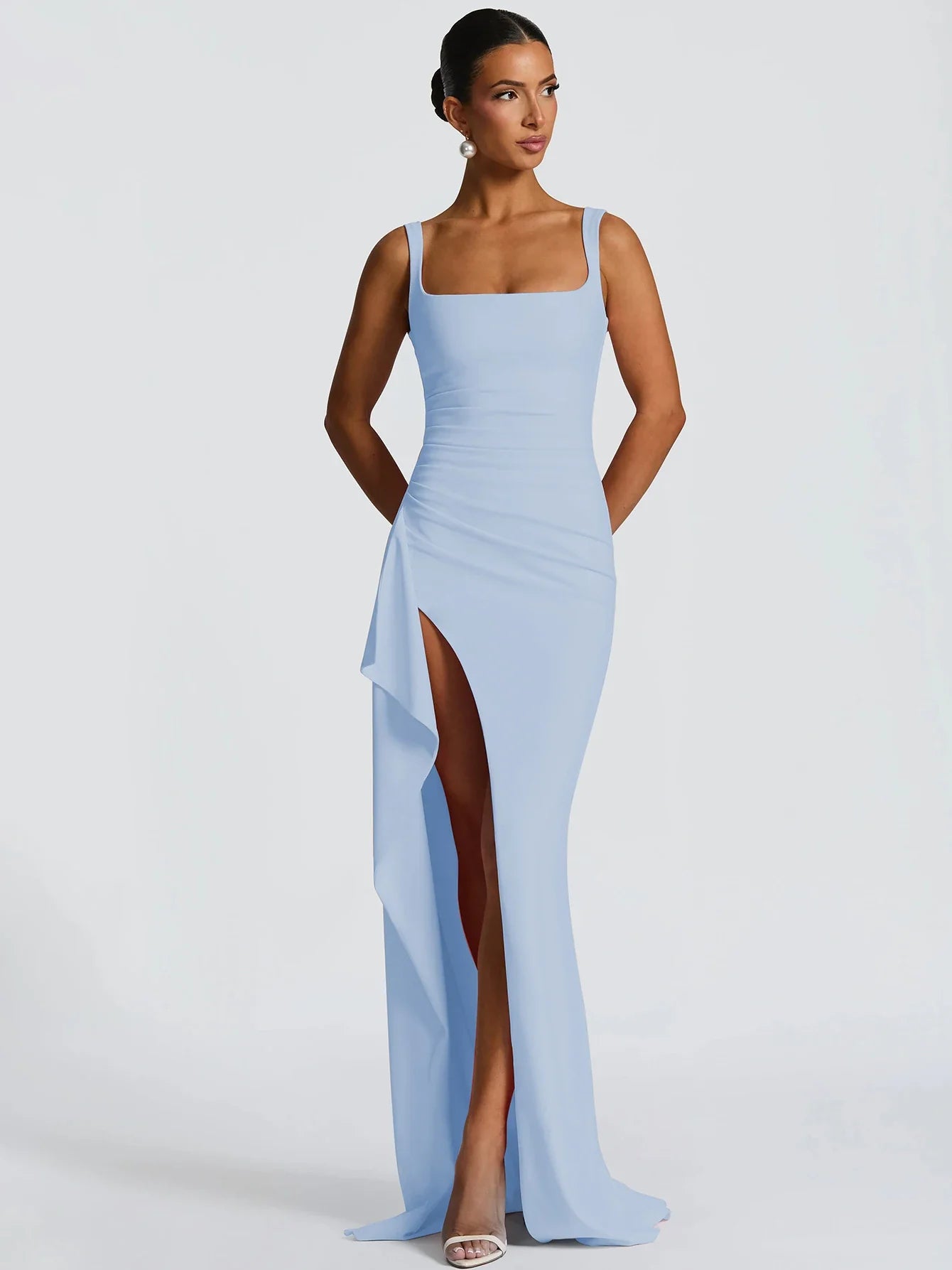 Women Elegant Solid Straps Slit Ruched Patchwork Sexy Bodycon Maxi Dress Summer Outfits Evening Party Birthday Festival