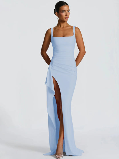 Women Elegant Solid Straps Slit Ruched Patchwork Sexy Bodycon Maxi Dress Summer Outfits Evening Party Birthday Festival