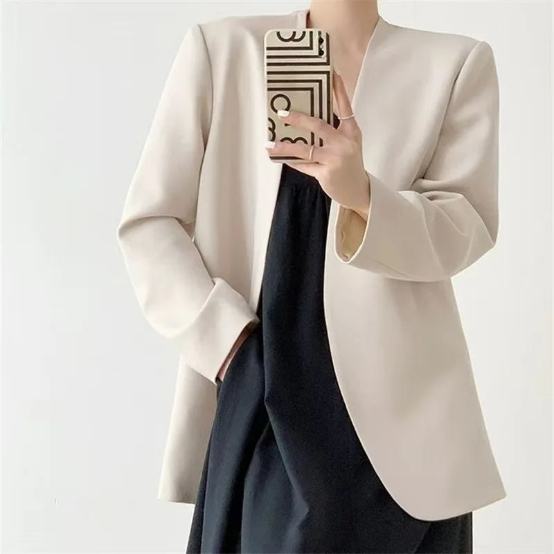 British Style Solid Color Suit Jackets Women 2025 Loose Buttonless Long Sleeve Blazers Woman Office V-Neck Suit Coats Lady