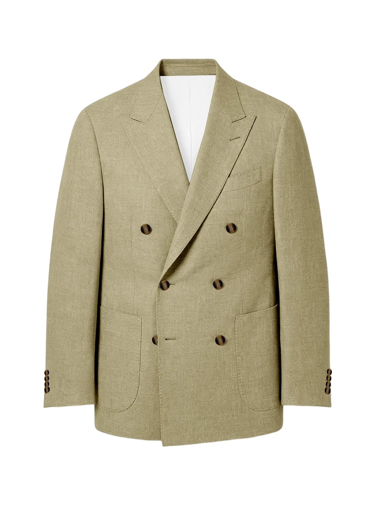 Men's Linen Double Breasted Blazer Peak Lapel Casual Business Suit Jacket With Patch Pockets For Daily Office Wear