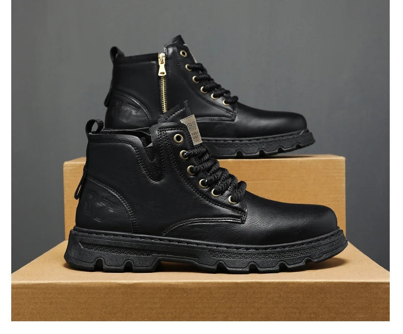 New MEN'S BOOTS with Retro Style Leather Boots, Thick Soles, Wear-resistant MEN'S High Top Casual Shoes, Side Zippers