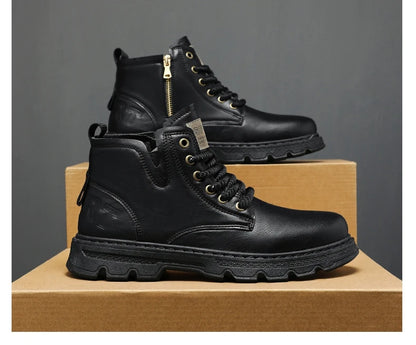 New MEN'S BOOTS with Retro Style Leather Boots, Thick Soles, Wear-resistant MEN'S High Top Casual Shoes, Side Zippers