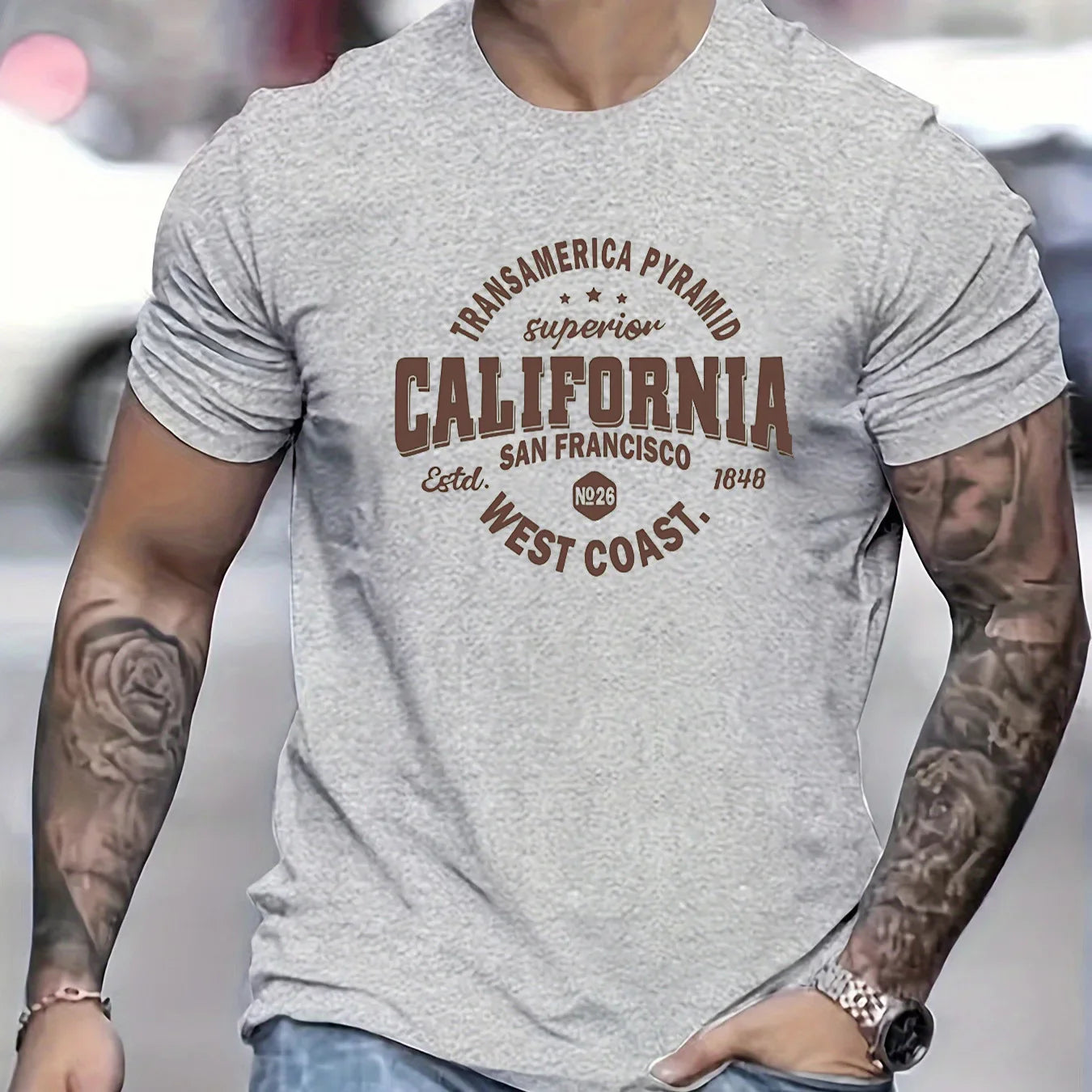 Men's 100% cotton casual sports loose fit California West Coast print round neck short sleeved T-shirt top