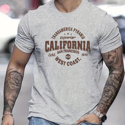 Men's 100% cotton casual sports loose fit California West Coast print round neck short sleeved T-shirt top