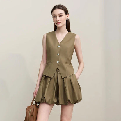 Women's Vests 2026 Autumn New Versatile V-neck Tailored Waist Vest Women's Single Breasted Short Sleeveless Top 12641036