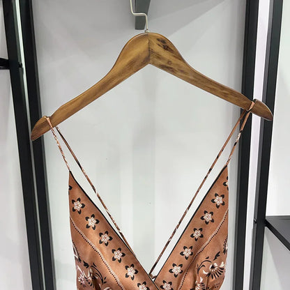 2026 Summer Retro V-neck Thin Suspender High Waist Sexy Dress Women's Ruffle Edge Fashion Backless Design Ladies Vintage Printed