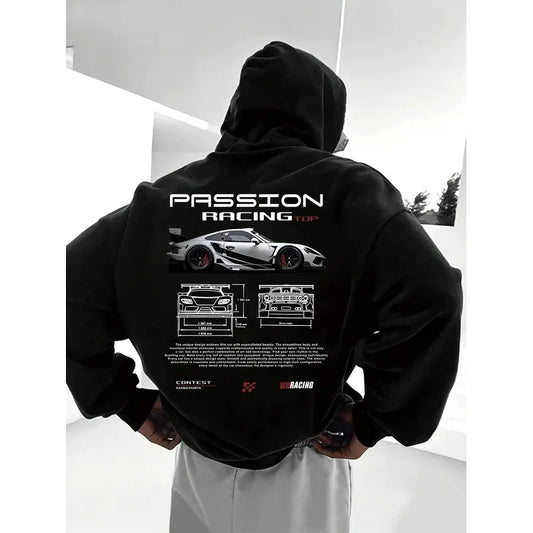 2025 Popular Digital Pattern Men's Hooded Sweatshirt Car-Themed Design American-Style Casual Sports Long-Sleeved Shirt